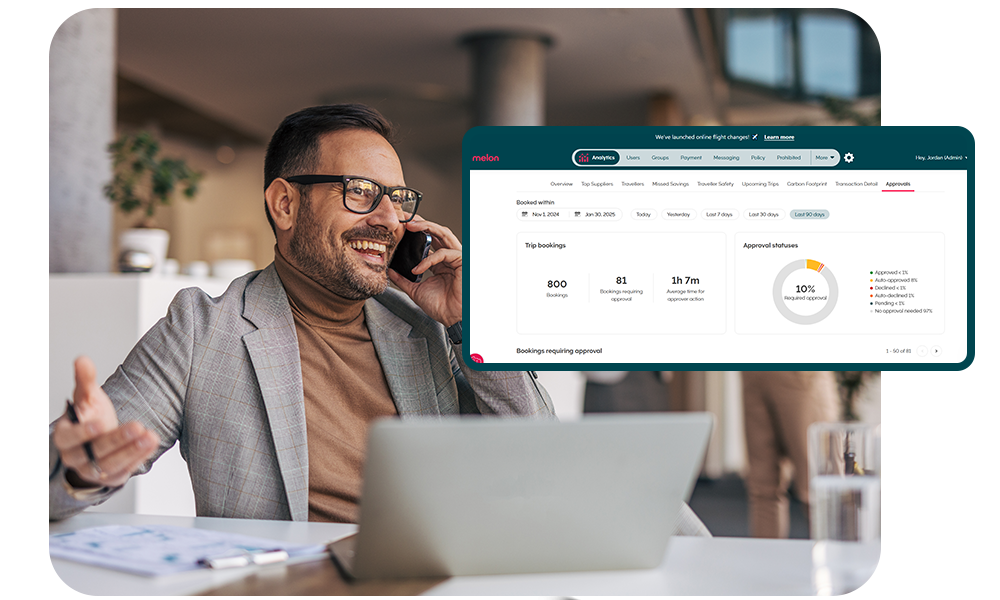 Man with glasses smiling while on the phone with an overlay of the reporting dashboard in the corner